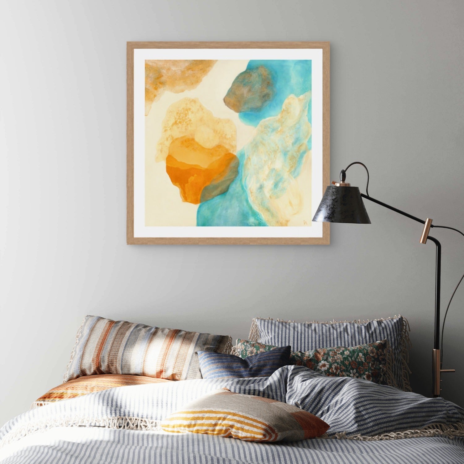 Magic Bird, nature inspired abstract art print on paper, in a bedroom. Ingeborg Andersson Art
