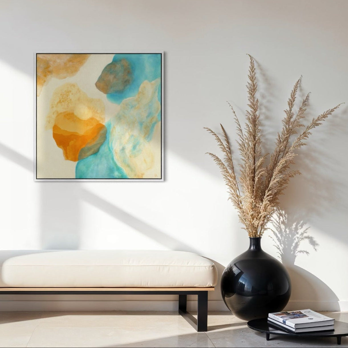 Magic Bird, nature inspired abstract art print on canvas, white wooden frame. Ingeborg Andersson Art 