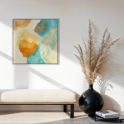 Magic Bird, nature inspired abstract art print on canvas, white wooden frame. Ingeborg Andersson Art 