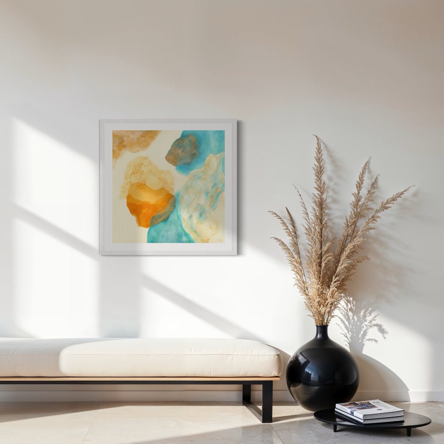 Magic Bird, nature inspired abstract art print on paper with a classic white frame. Hanging in a seating area. Ingeborg Andersson Art