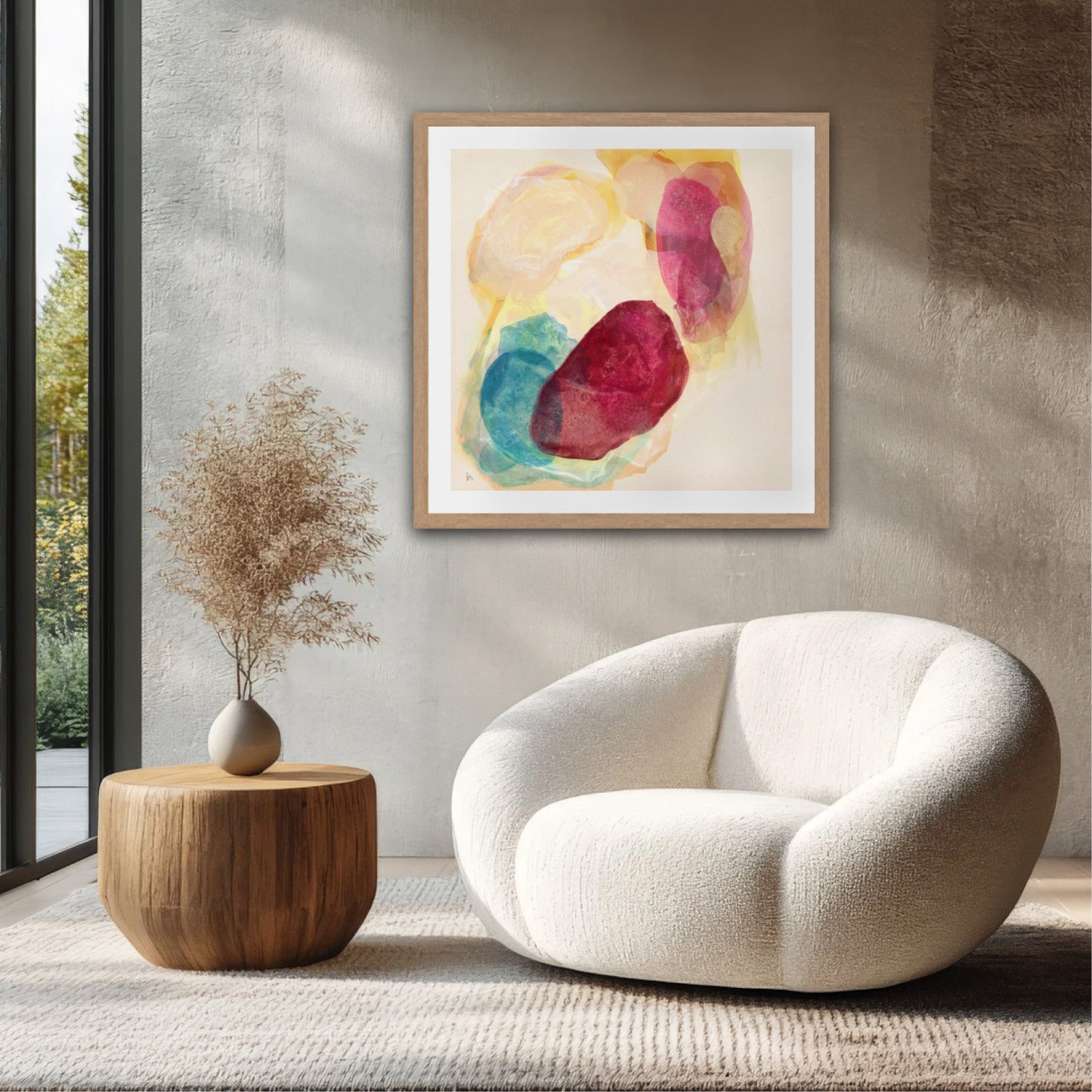 Minerals, earthy abstract art print on paper, framed. Hanging in modern living room. Ingeborg Andersson Art