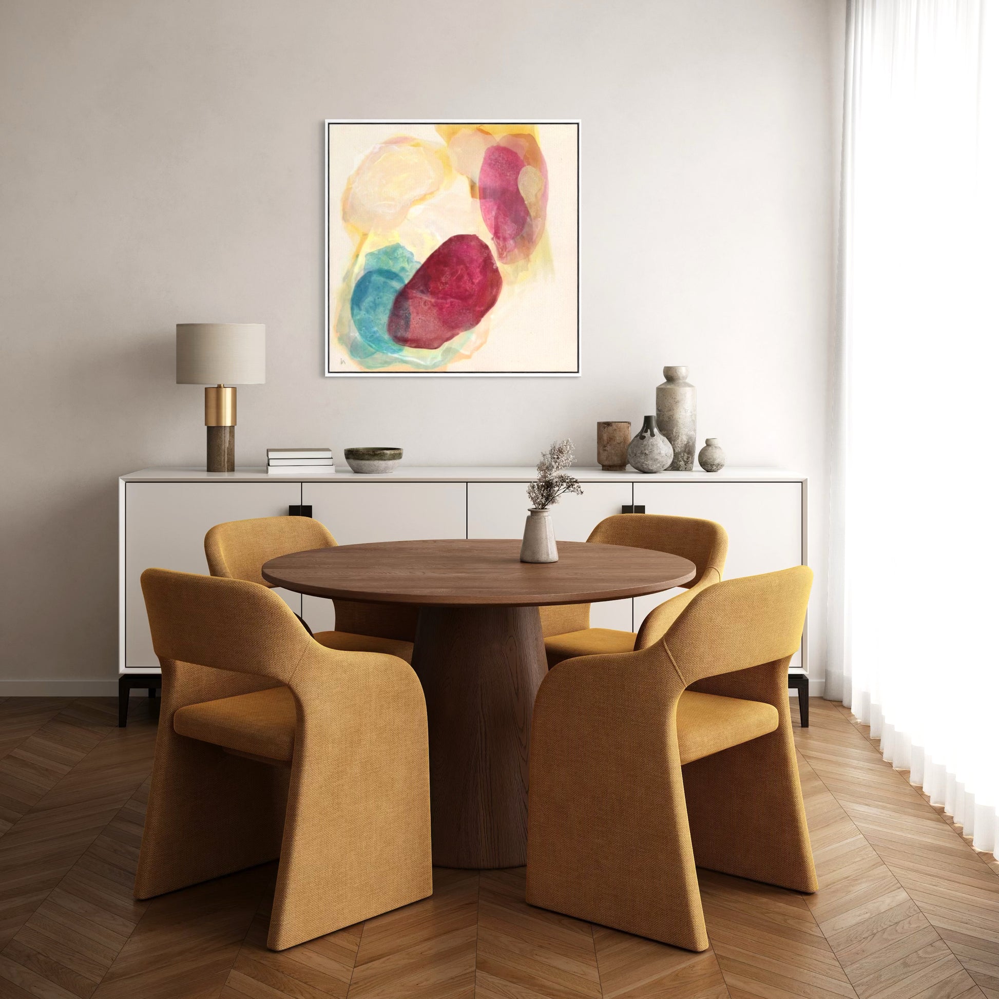 Minerals, earthy abstract art print on canvas, framed in a dining area. Ingeborg Andersson Art