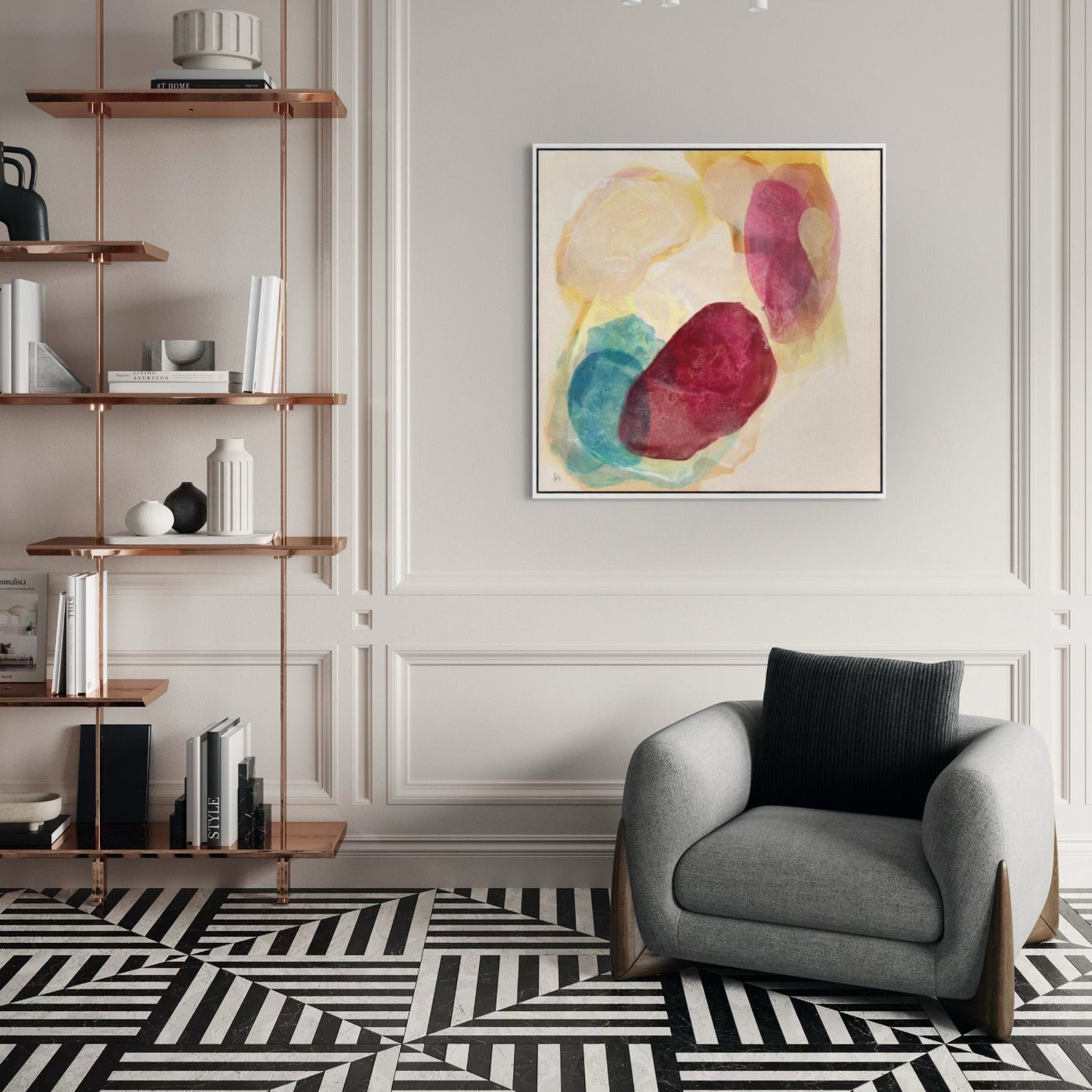 Minerals, earthy abstract art print on canvas, framed, in a modern living room.  Ingeborg Andersson Art