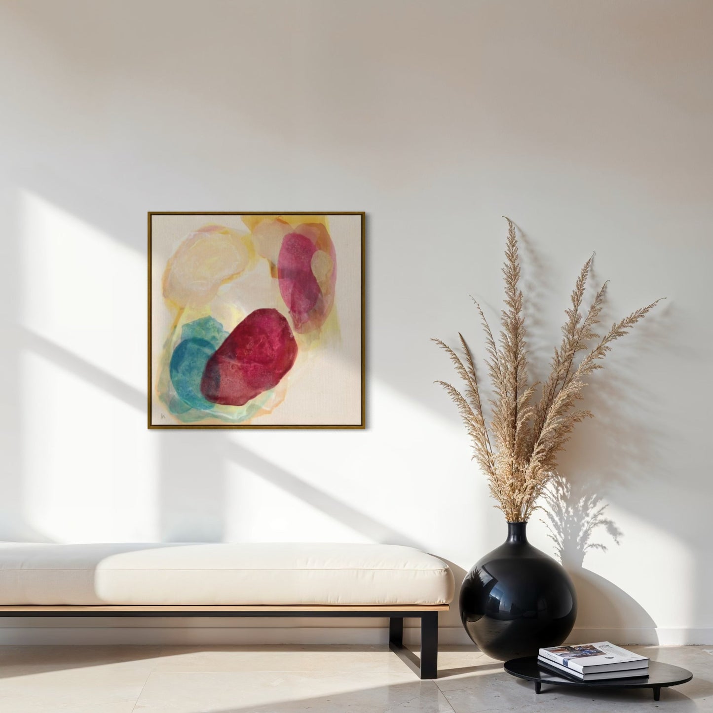 Minerals, earthy abstract art print on canvas, framed in gold finish.  Ingeborg Andersson Art