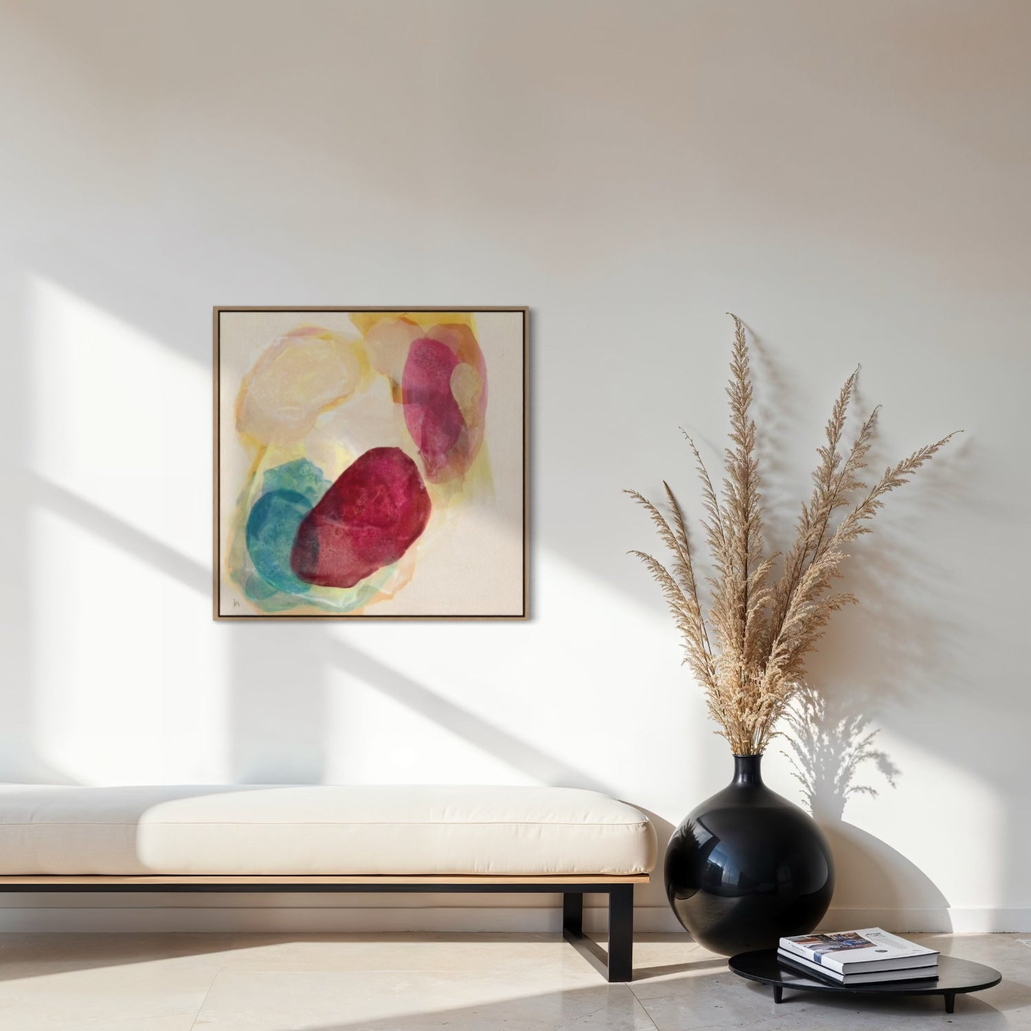 Minerals, earthy abstract art print on canvas framed in natural finish. 
Ingeborg Andersson Art