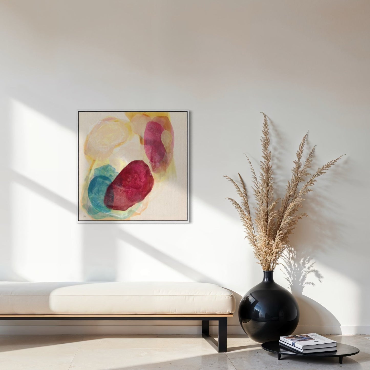 Minerals, earthy abstract art print on canvas in a white frame.  Ingeborg Andersson Art