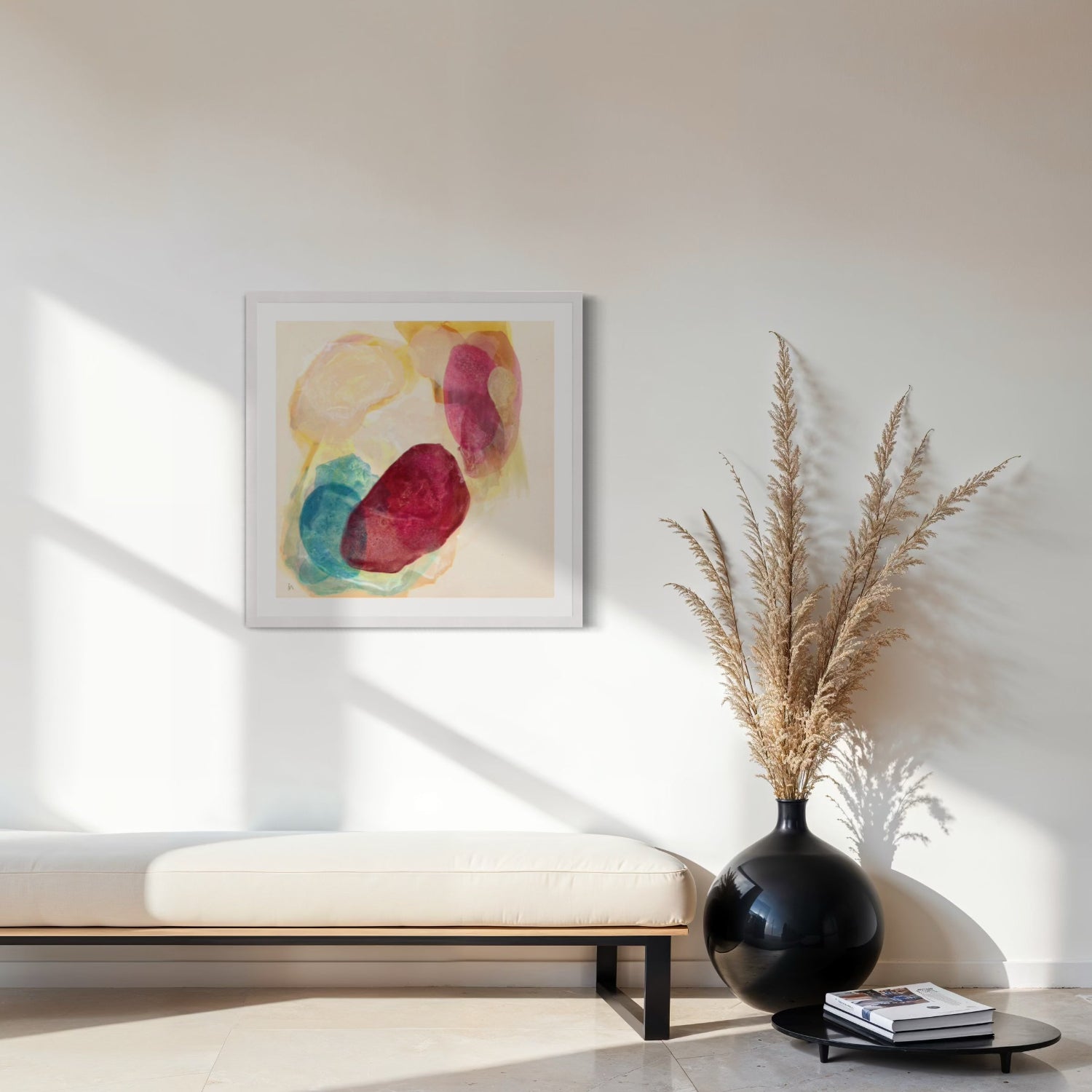 Minerals, earthy abstract art print on paper in a classic frame, white finish. Hanging above a bench. Ingeborg Andersson Art 
