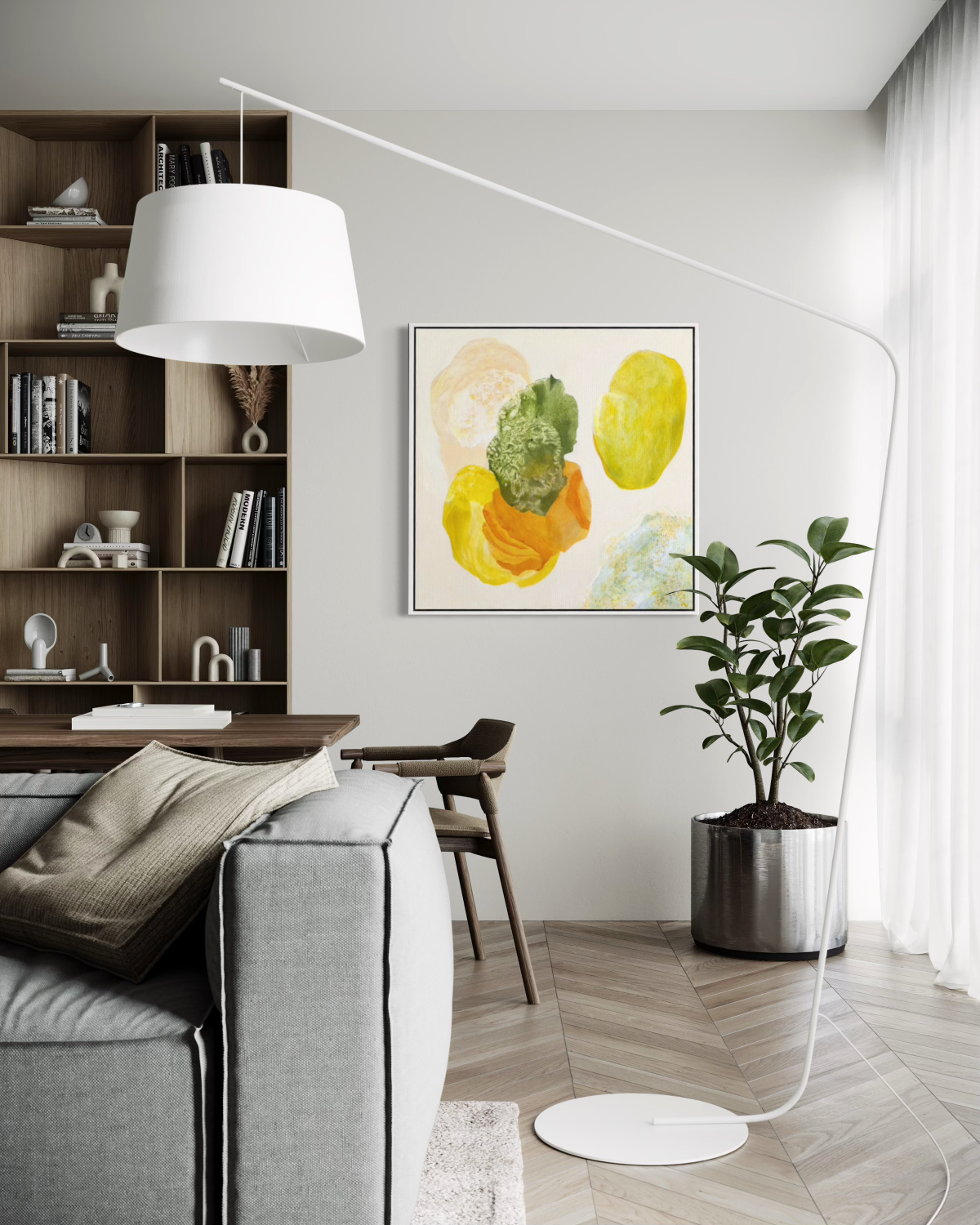 Spring, joyful abstract art, white frame, in a modern living room. Ingeborg Andersson Art