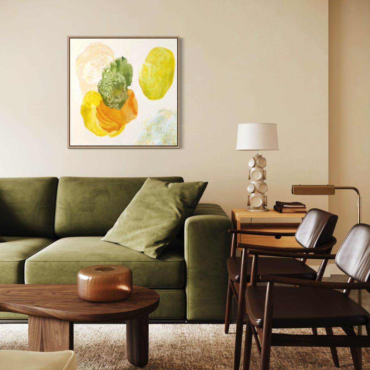 Spring, joyful abstract art, framed in a modern living room. Ingeborg Andersson Art