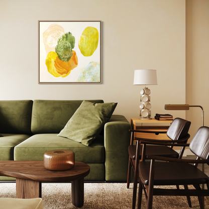 Spring, joyful abstract art, framed in a modern living room. Ingeborg Andersson Art