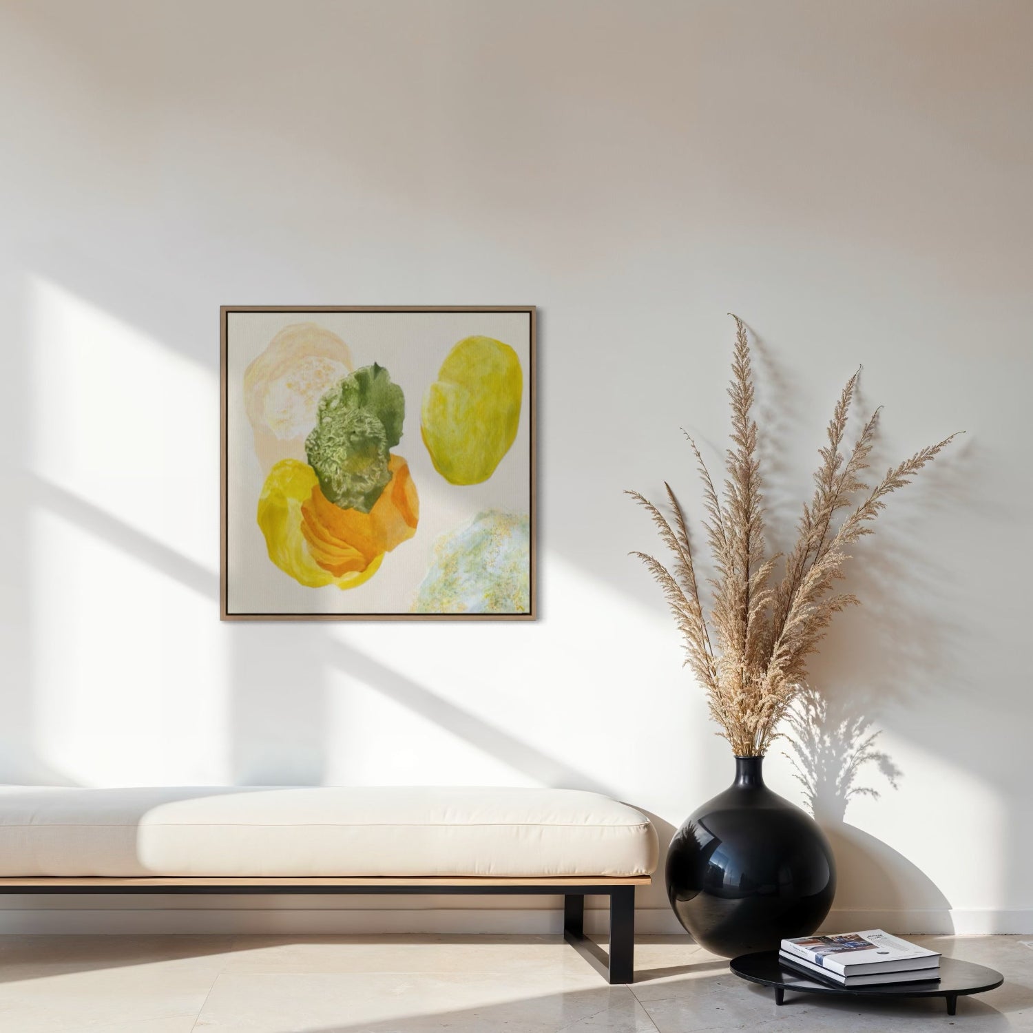 Spring, joyful abstract art, framed in  a natural finish. Ingeborg Andersson Art