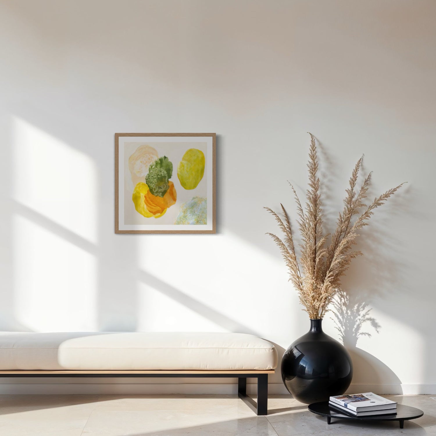 Spring, joyful abstract art print on paper, framed in a natural finish. Hanging in a seating area. Ingeborg Andersson Art