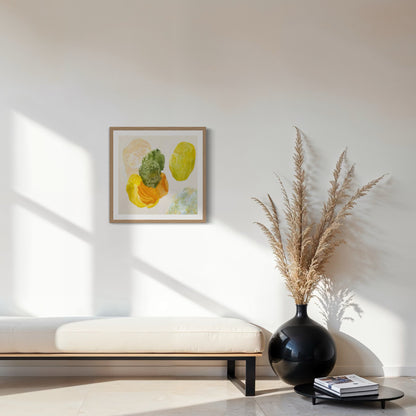 Spring, joyful abstract art print on paper, framed in a natural finish. Hanging in a seating area. Ingeborg Andersson Art