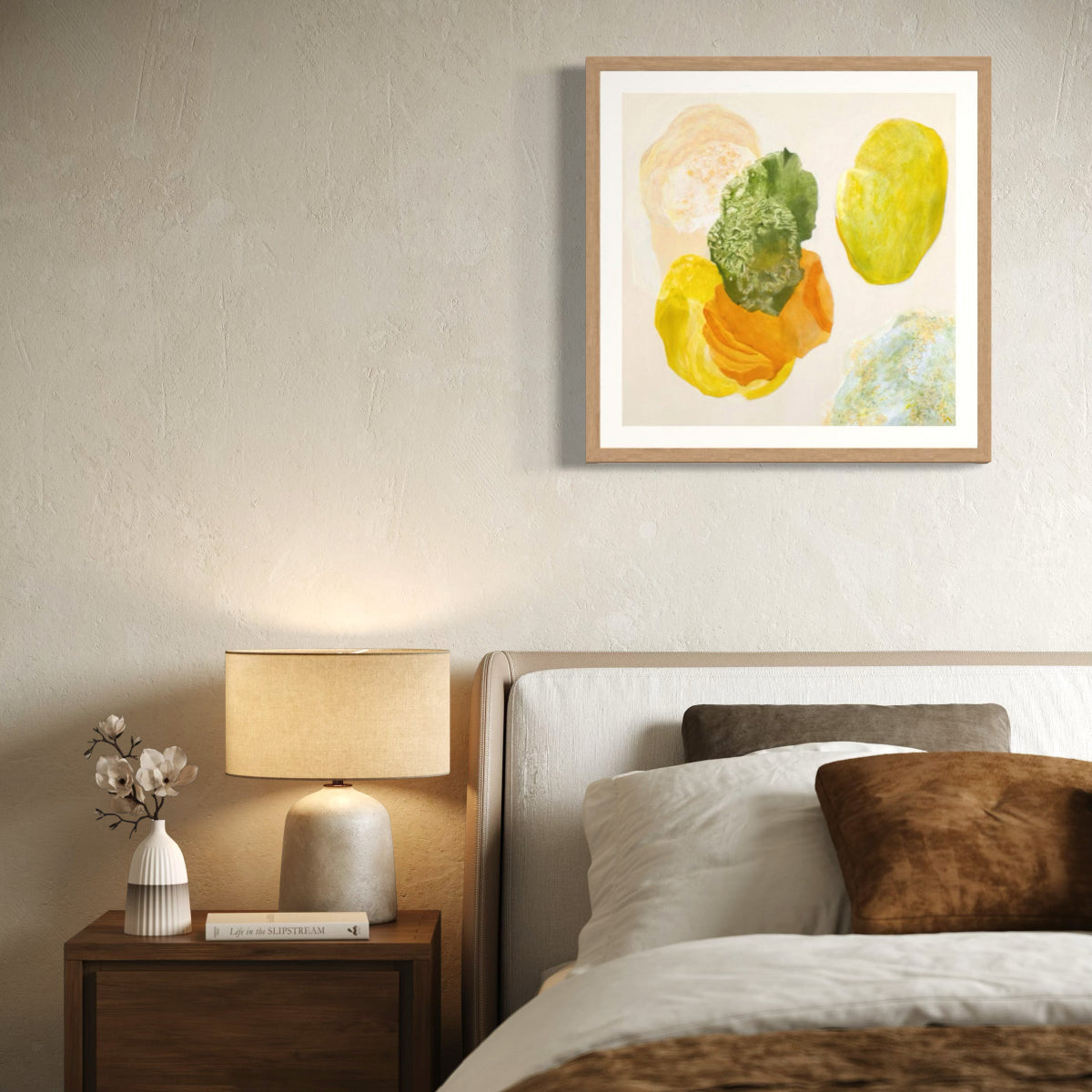 Spring, joyful abstract art print on paper, framed, hanging in a modern bedroom. Ingeborg Andersson Art