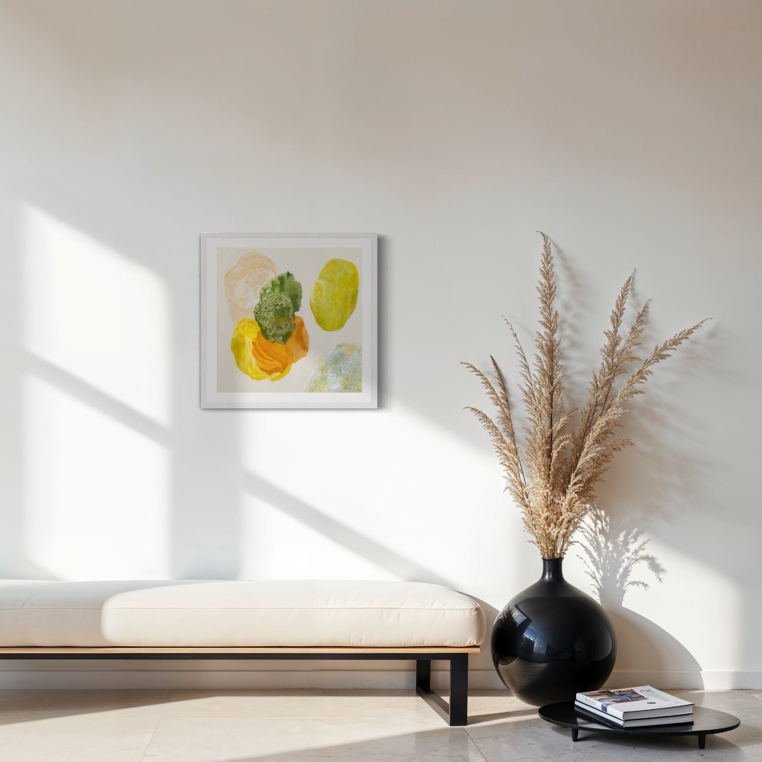 Spring, joyful abstract art print on paper, framed in a white finish. Hanging in a seating area. Ingeborg Andersson Art