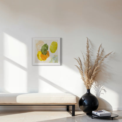 Spring, joyful abstract art print on paper, framed in a white finish. Hanging in a seating area. Ingeborg Andersson Art