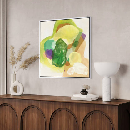 The Frog, organic abstract art print on canvas, framed in a living room. Ingeborg Andersson Art