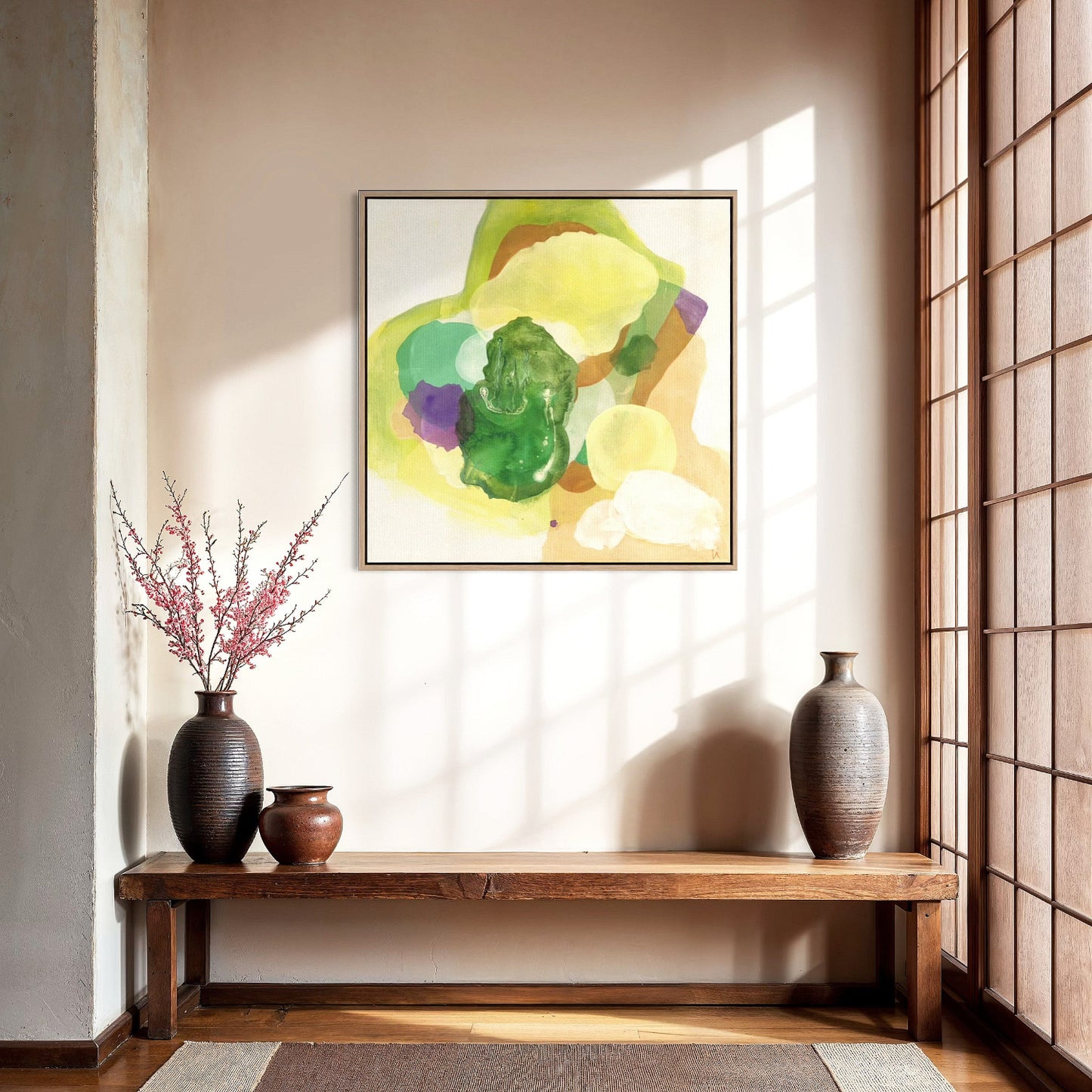 The Frog, organic abstract art print in natural frame, hallway. Ingeborg Andersson Art