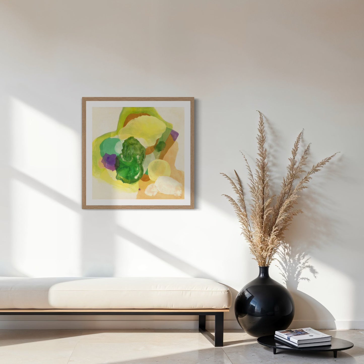 The Frog, organic abstract art print on paper with a classic frame in natural finish, in a seating area.  Ingeborg Andersson Art