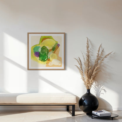 The Frog, organic abstract art print on paper with a classic frame in natural finish, in a seating area.  Ingeborg Andersson Art