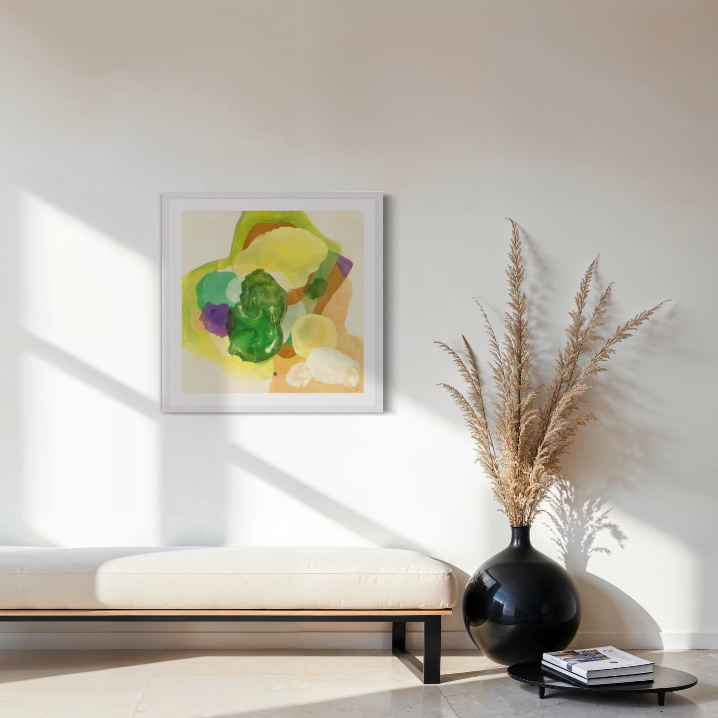 The Frog, organic abstract art print on paper with a classic frame in white finish, hanging in a seating area.  Ingeborg Andersson Art