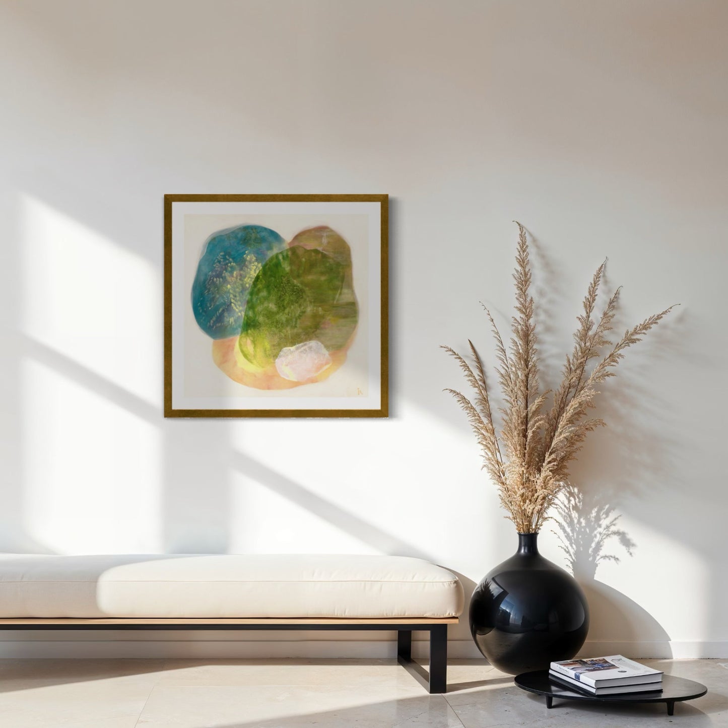 Calming abstract wall art print on paper, classic frame in natural finish in a seating area. Ingeborg Andersson Art