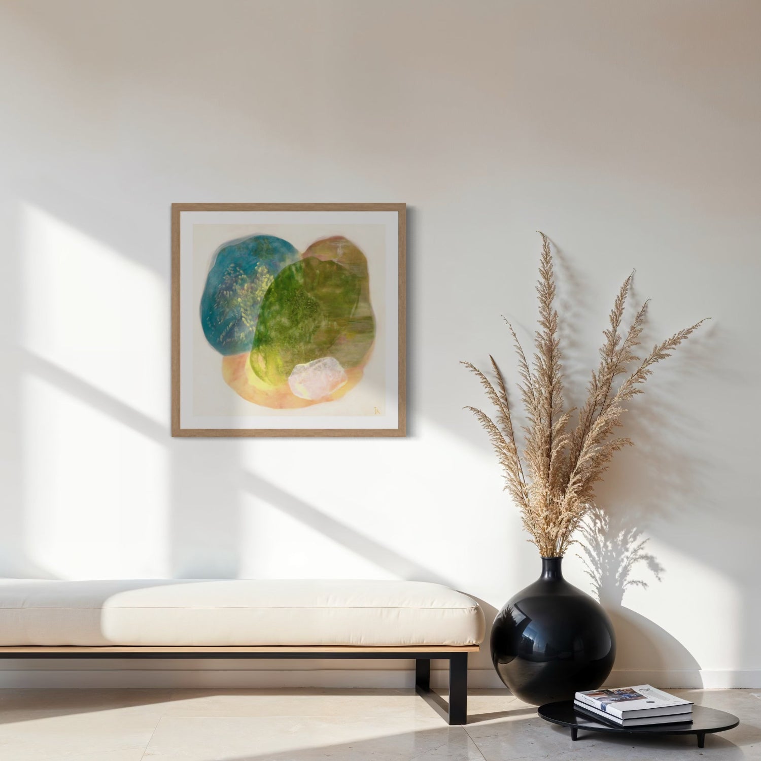 Calming abstract wall art print on paper, classic frame in natural finish in a seating area. Ingeborg Andersson Art