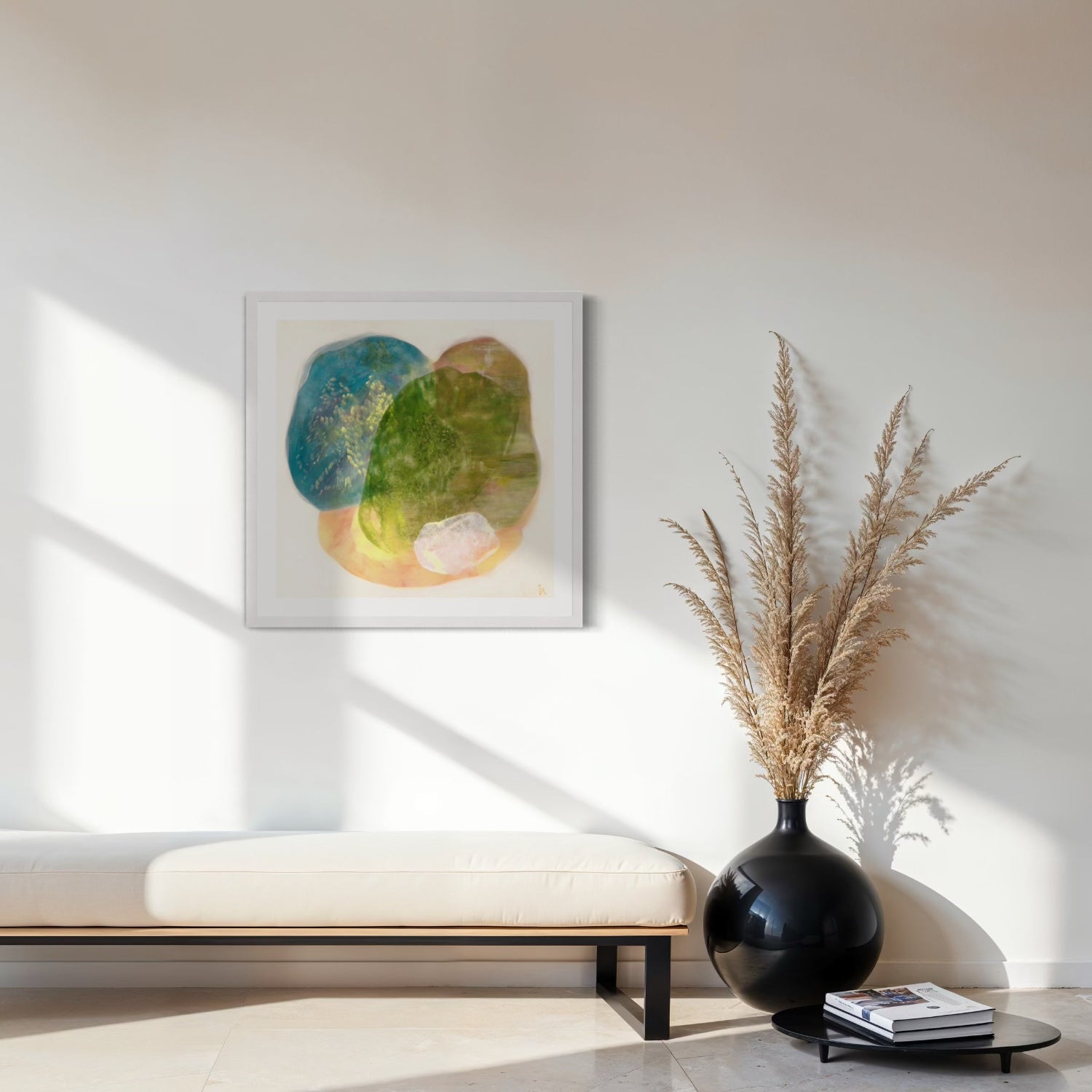 Calming abstract wall art print on paper, classic frame in natural finish in a seating area. Ingeborg Andersson Art