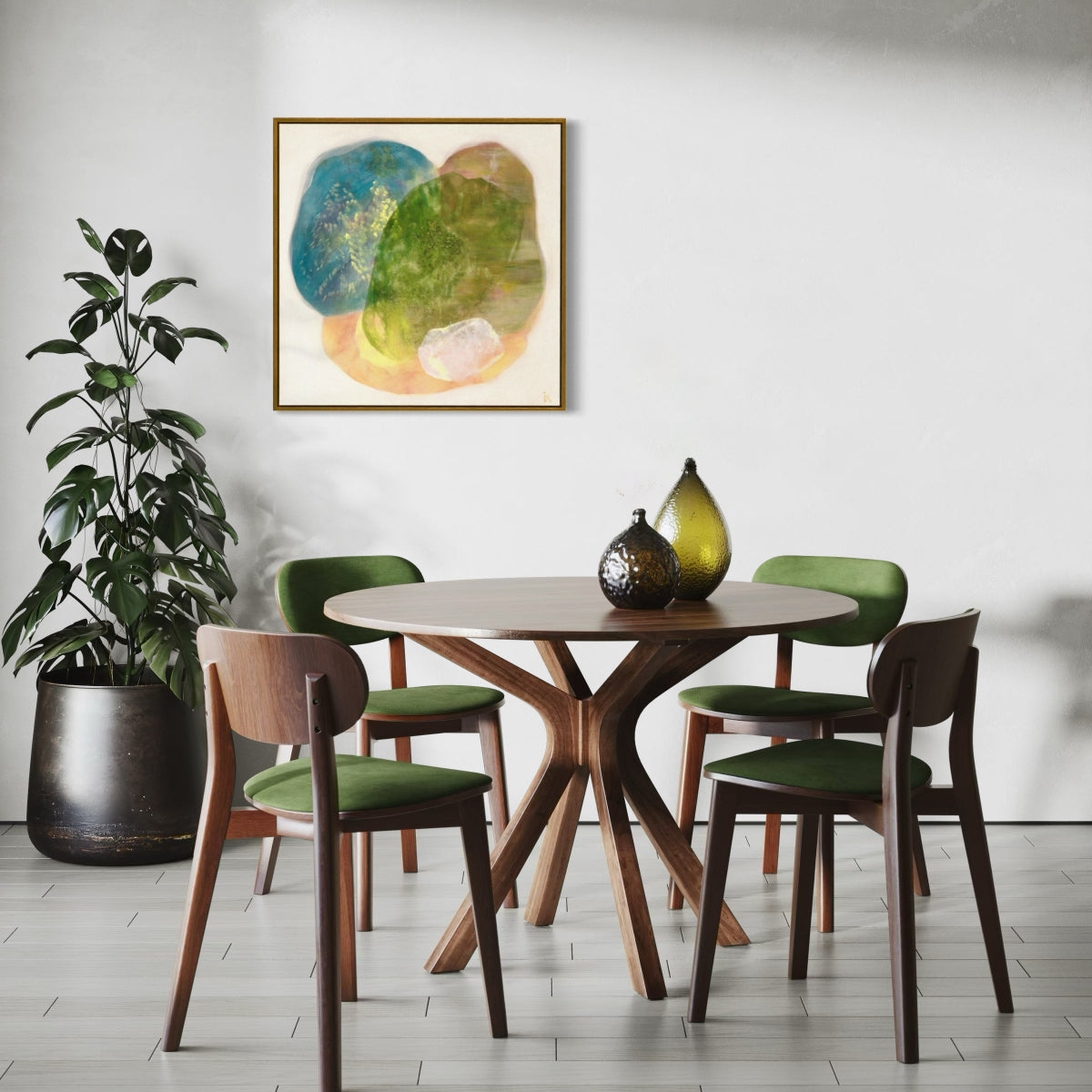 Whisperings, a calming abstract wall art print on canvas, in a dining area. Ingeborg Andersson Art