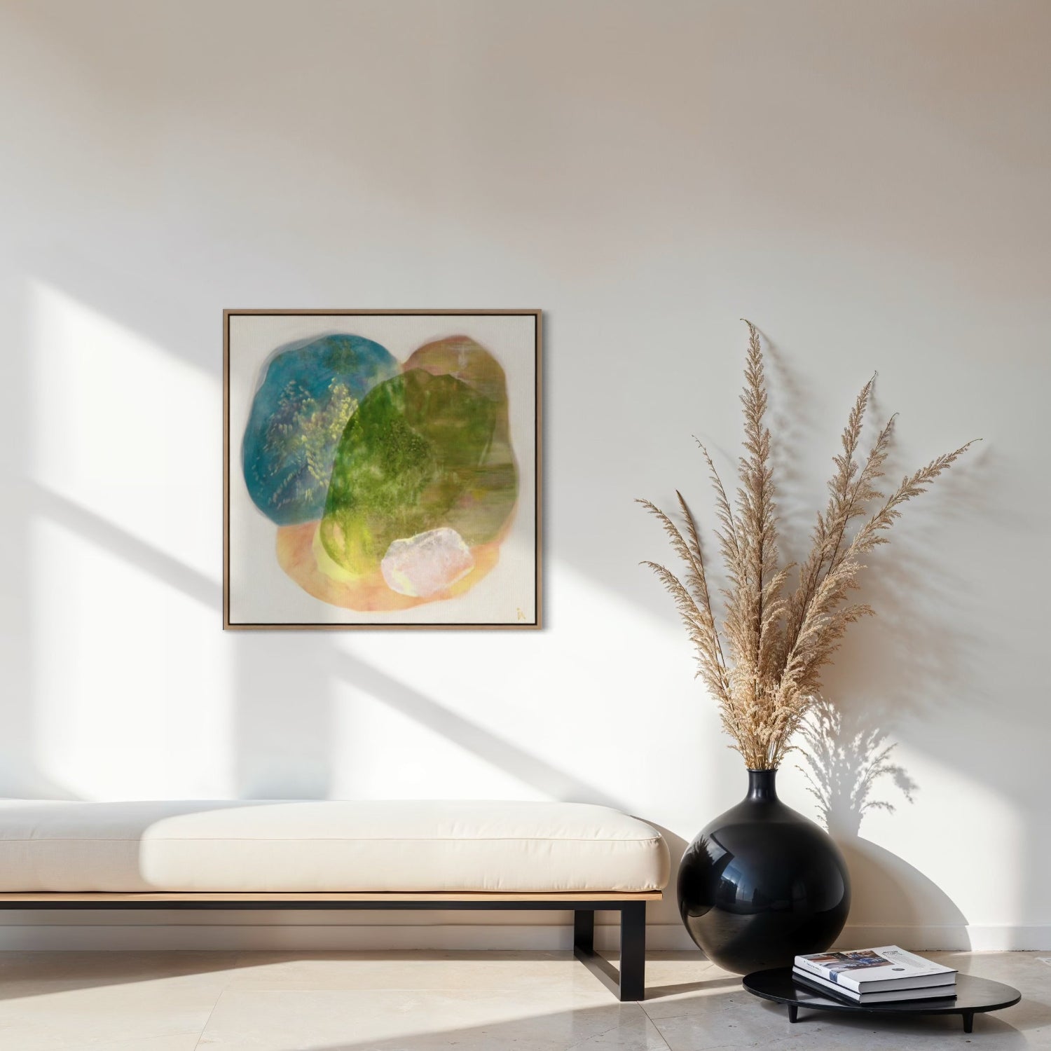 Whisperings, a calming abstract wall art print on canvas, natural frame. Ingeborg Andersson Art