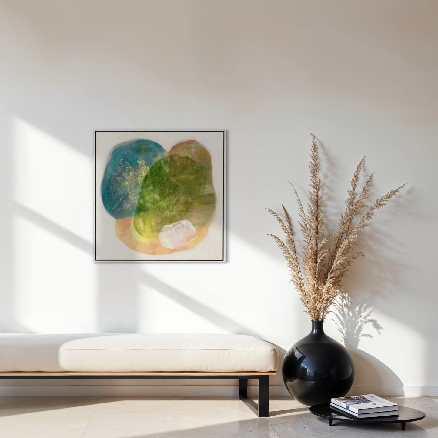 Whisperings, a calming abstract wall art print on canvas, white frame. Ingeborg Andersson Art
