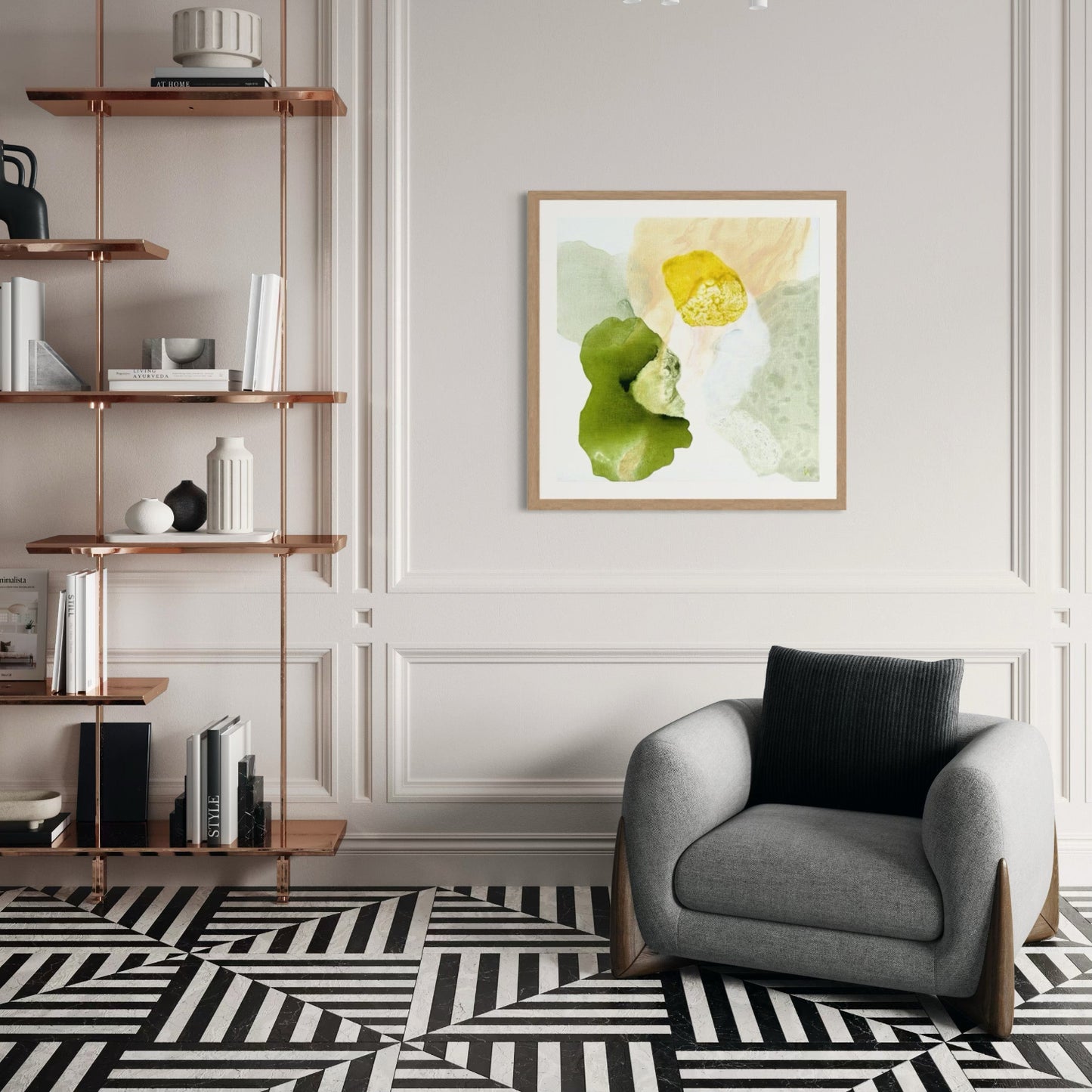 Yellow Diamond, modern abstract wall decor print on paper, framed. Hanging in a modern living room. Ingeborg Andersson Art