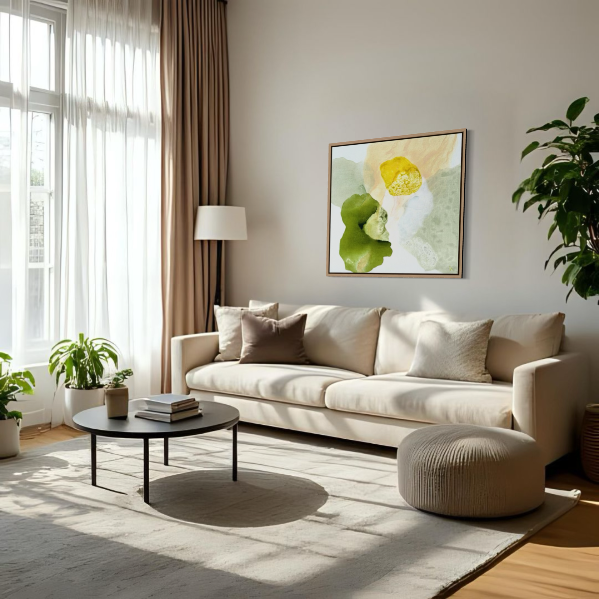 Yellow Diamond, Abstract Fine Art Print on Canvas with a floating frame of sustainably sourced wood, in a natural finish. Green, white, orange, yellow, nature inspired abstract shapes with playful movements. Hanging in a bright modern scandinavian livingroom with a light beige sofa, neutral cushions, a small round sofa table in black metal. Soft white carpet. Green plants, large window with long see through curtains. Ingeborg Andersson Art