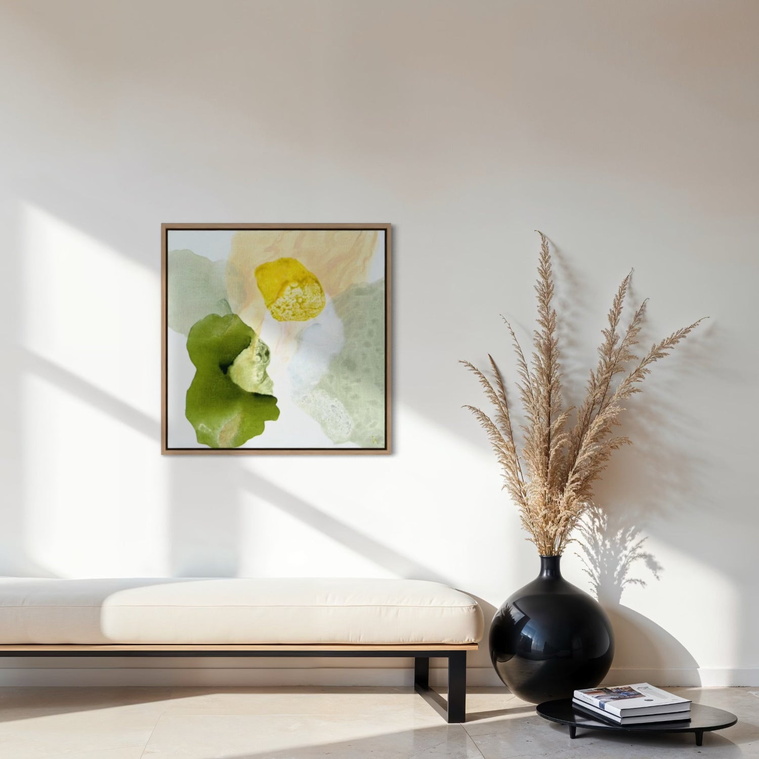 Yellow Diamond, modern abstract wall decor print on canvas in a natural frame. Ingeborg Andersson Art