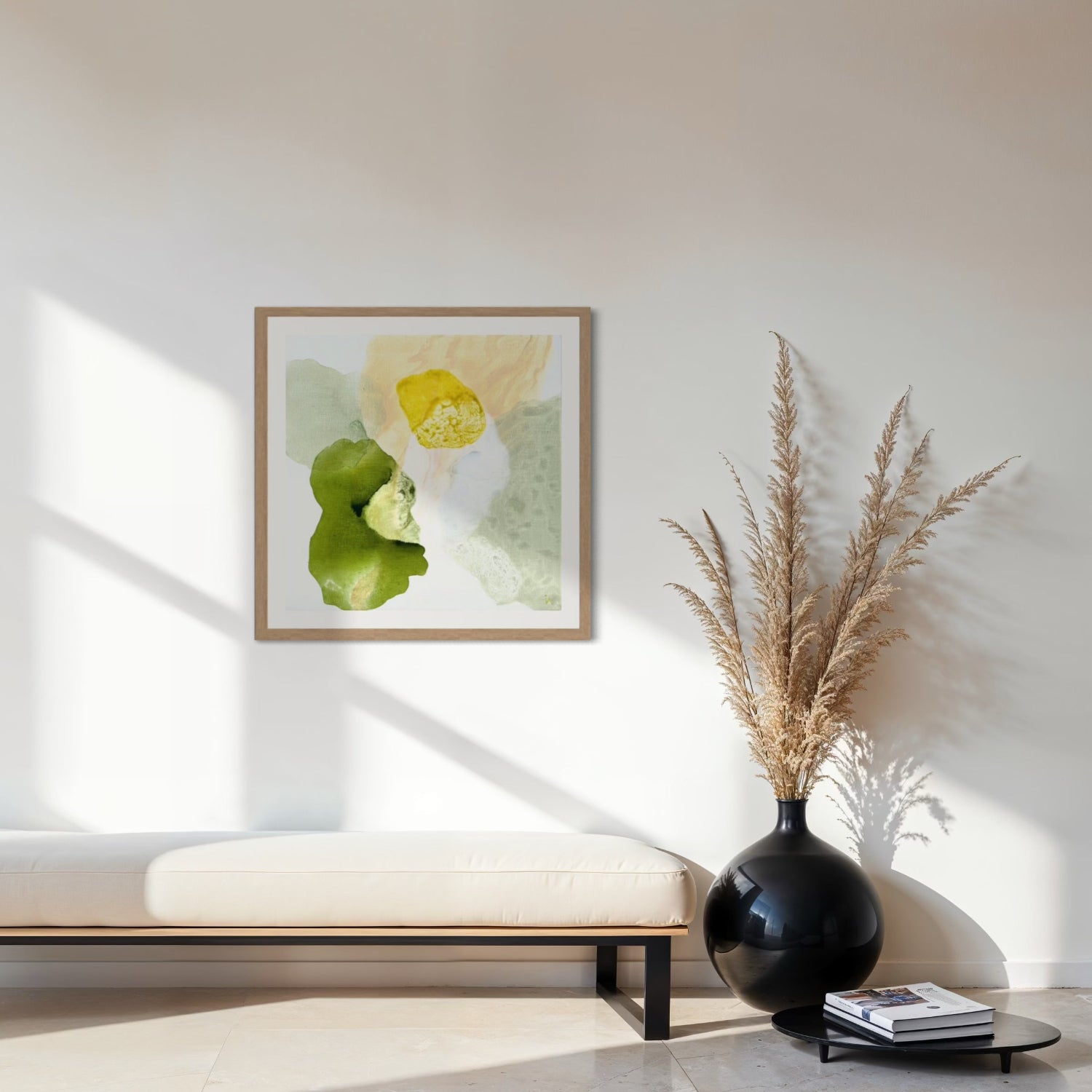 Yellow Diamond, modern abstract wall decor print on paper, framed in natural finish. Hanging above a bench. Ingeborg Andersson Art