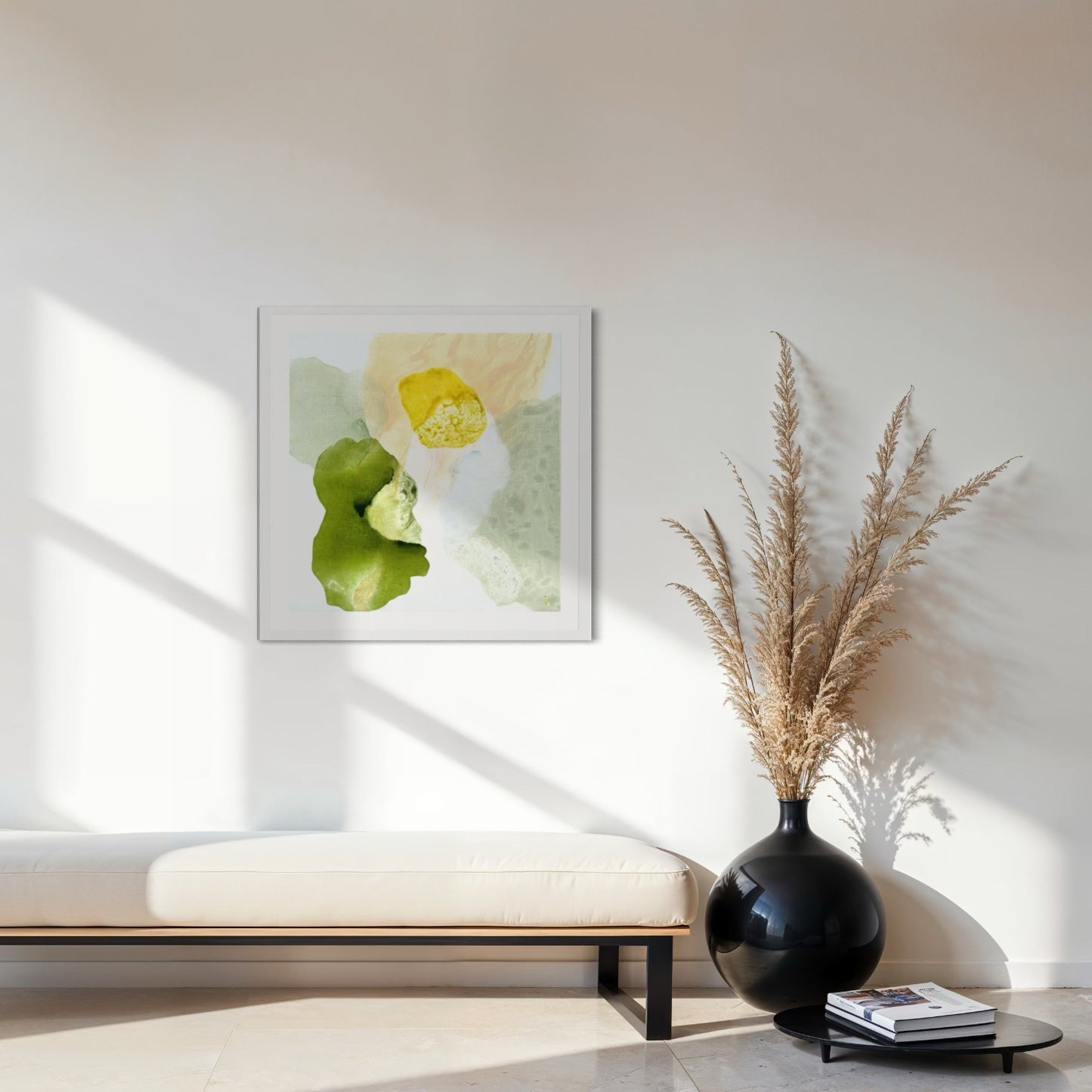 Yellow Diamond, modern abstract wall decor print on paper, framed in white finish. Hanging above a bench. Ingeborg Andersson Art