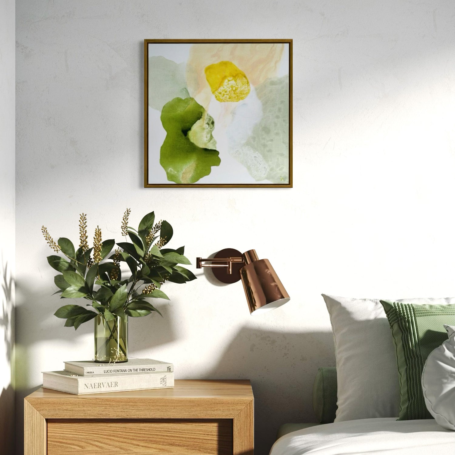Yellow Diamond, modern abstract wall decor print in a bedroom.  Ingeborg Andersson Art