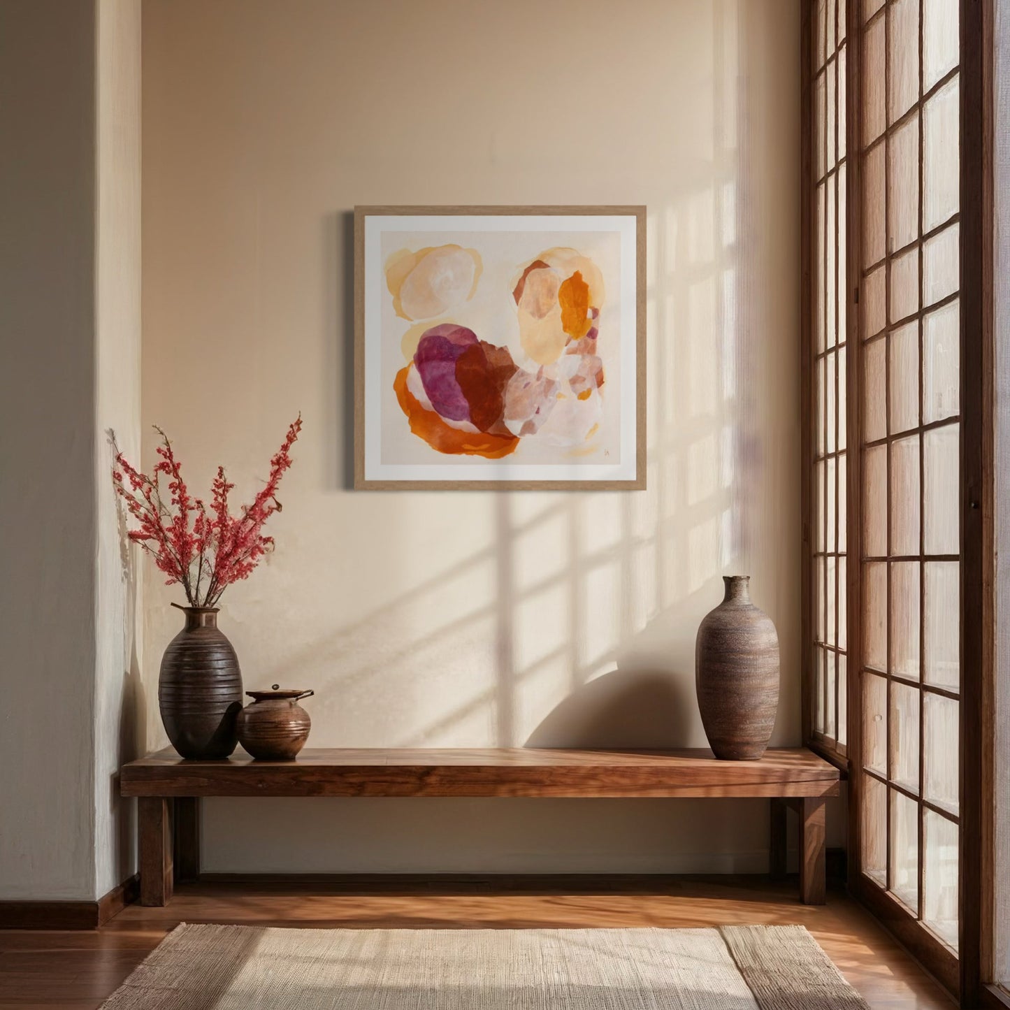 Soulful abstract art print on paper in a classic frame. Hanging in an entrance. Ingeborg Andersson Art