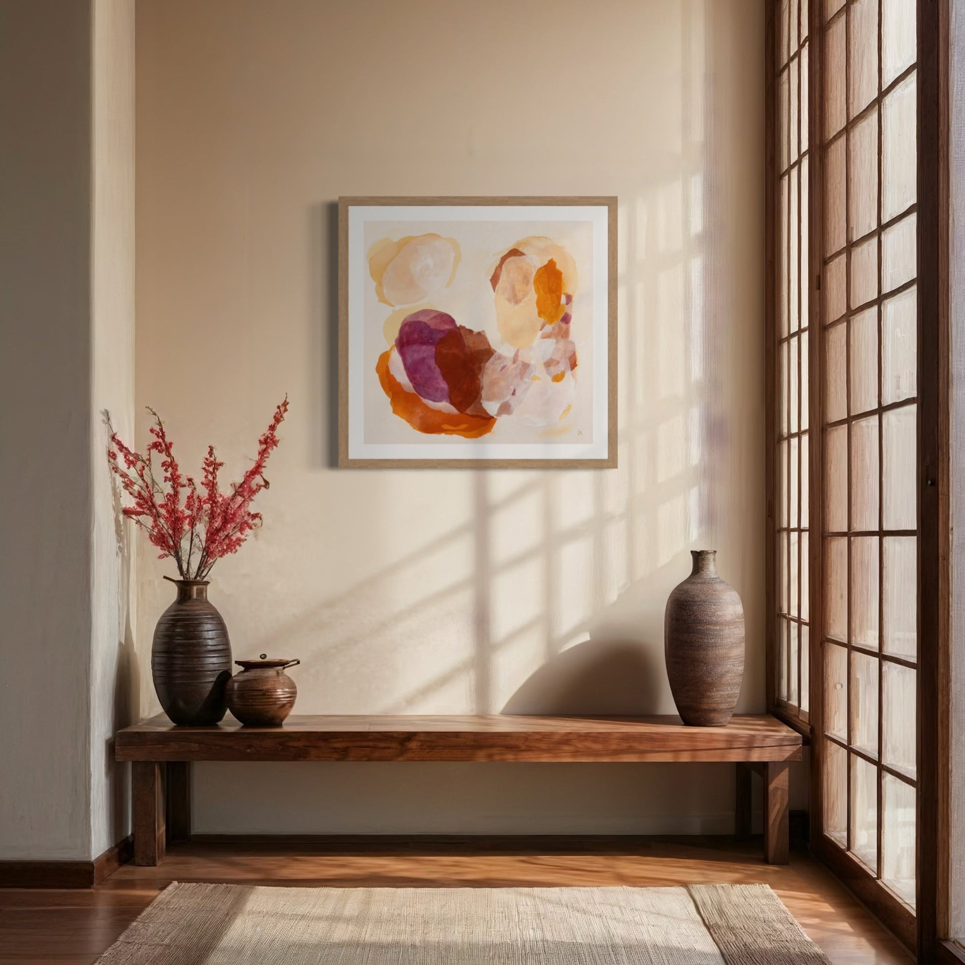 Soulful abstract art print on paper in a classic frame. Hanging in an entrance. Ingeborg Andersson Art