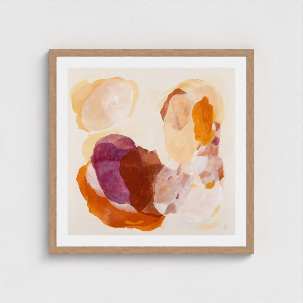 Soulful abstract art print on paper in a classic frame, natural finish, close up. Ingeborg Andersson Art