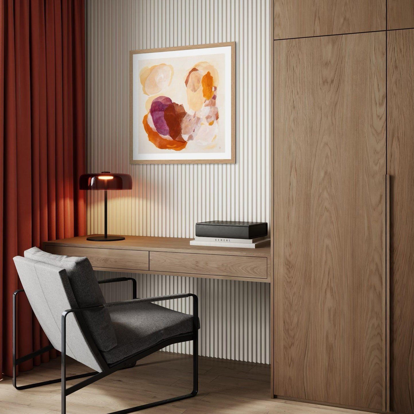 Soulful abstract art print on paper in a classic frame. Hanging in a modern office corner. Ingeborg Andersson Art