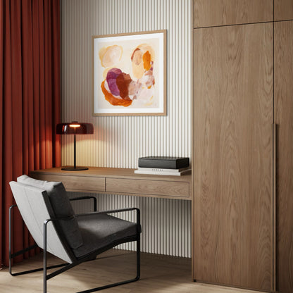 Soulful abstract art print on paper in a classic frame. Hanging in a modern office corner. Ingeborg Andersson Art