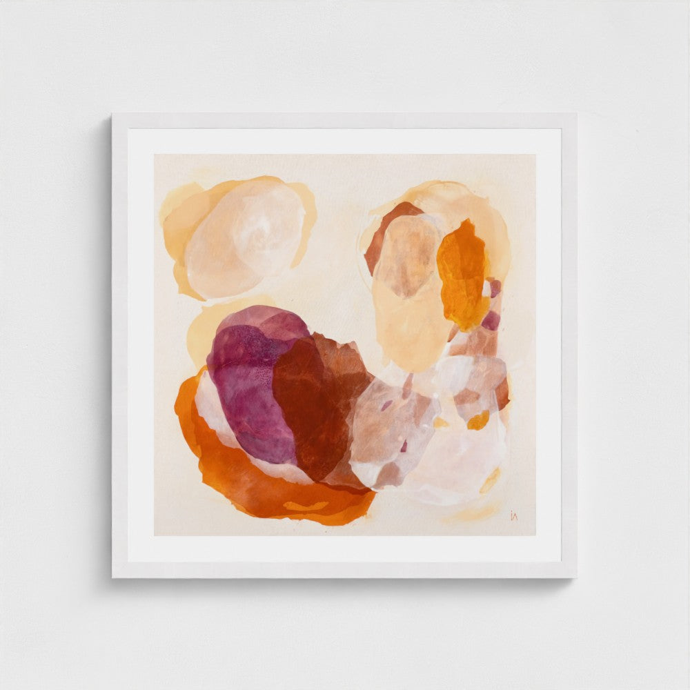 Soulful abstract art print on paper in a classic frame, white finish, close up. Ingeborg Andersson Art