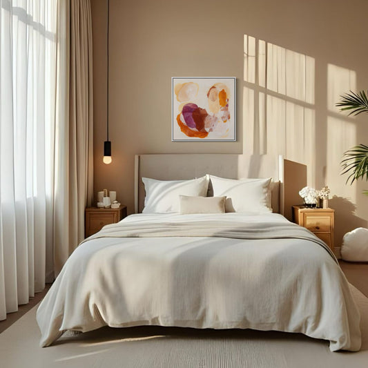 Caramel, soulful abstract art print hanging in a bedroom, Scandinavian style. Ingeborg Andersson Art