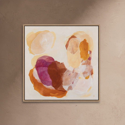 Caramel, soulful abstract art print with rich burgundy and warm peach organic shapes and layered textures. Ingeborg Andersson Art