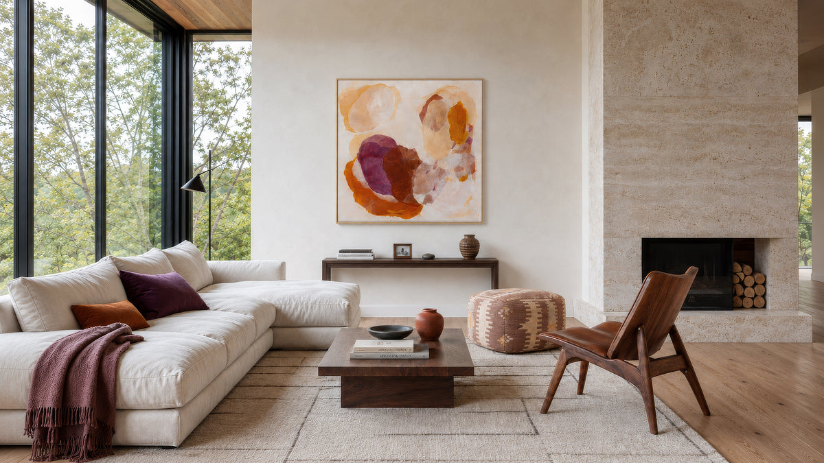 Caramel, soulful abstract art print hanging in a living room, contemporary style. Ingeborg Andersson Art
