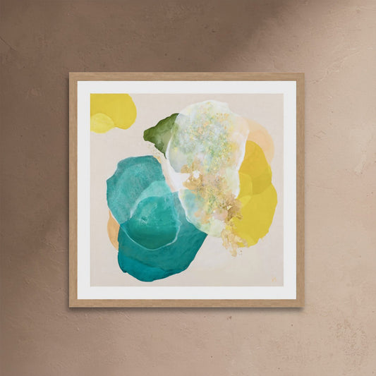 Cosmic Gold, bold abstract art print for living room with vibrant teal and golden yellow contrasts and rich texture on paper. Ingeborg Andersson 