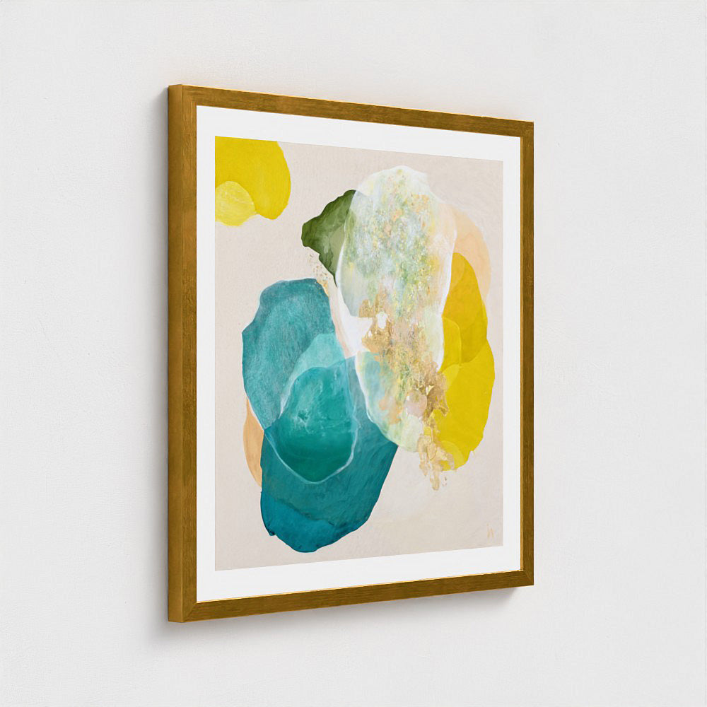 Bold abstract art print for living room on paper. Framed in a gold finish, close up. Ingeborg Andersson Art