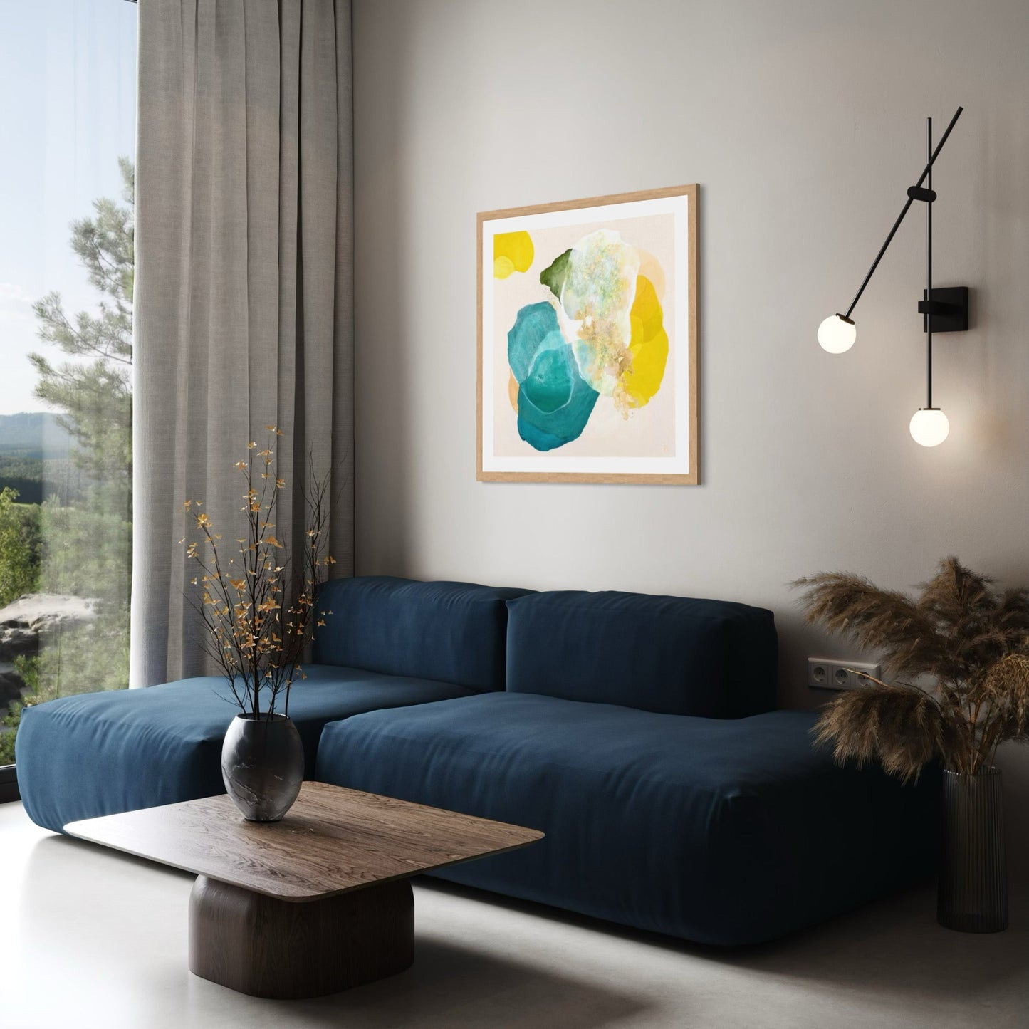 Bold abstract art print for living room on paper. Hanging in a modern living room. Ingeborg Andersson Art
