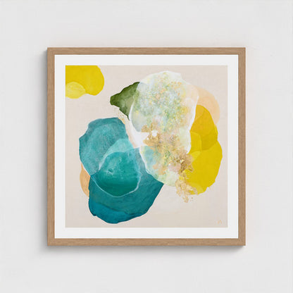 Bold abstract art print for living room on paper. Framed in a natural finish, close up. Ingeborg Andersson Art